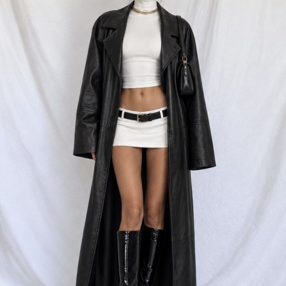 Vintage Y2K 90s Black Leather Full Length Button Down Front Coat Jacket Size L